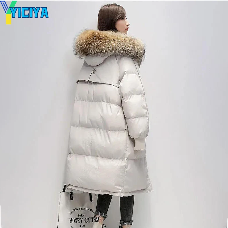 YICIYA Women's Winter Long Puffer Jacket Padded Korean  Large Faux Fur Collar Hooded  Thicken Parka Warm  Loose Women  Down Coat