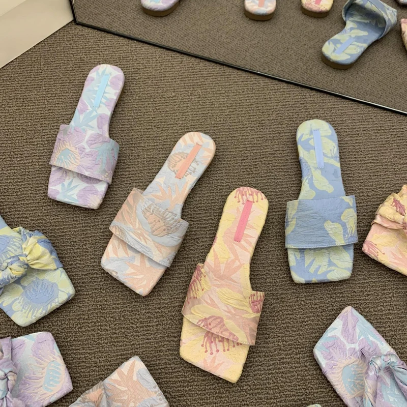 Romantic Floral Print Chiffon Slipper Woman Summer New Luxury Outdoor Flip Flops Ladies Elegant Flower Bowknot Flat Slide Sandal