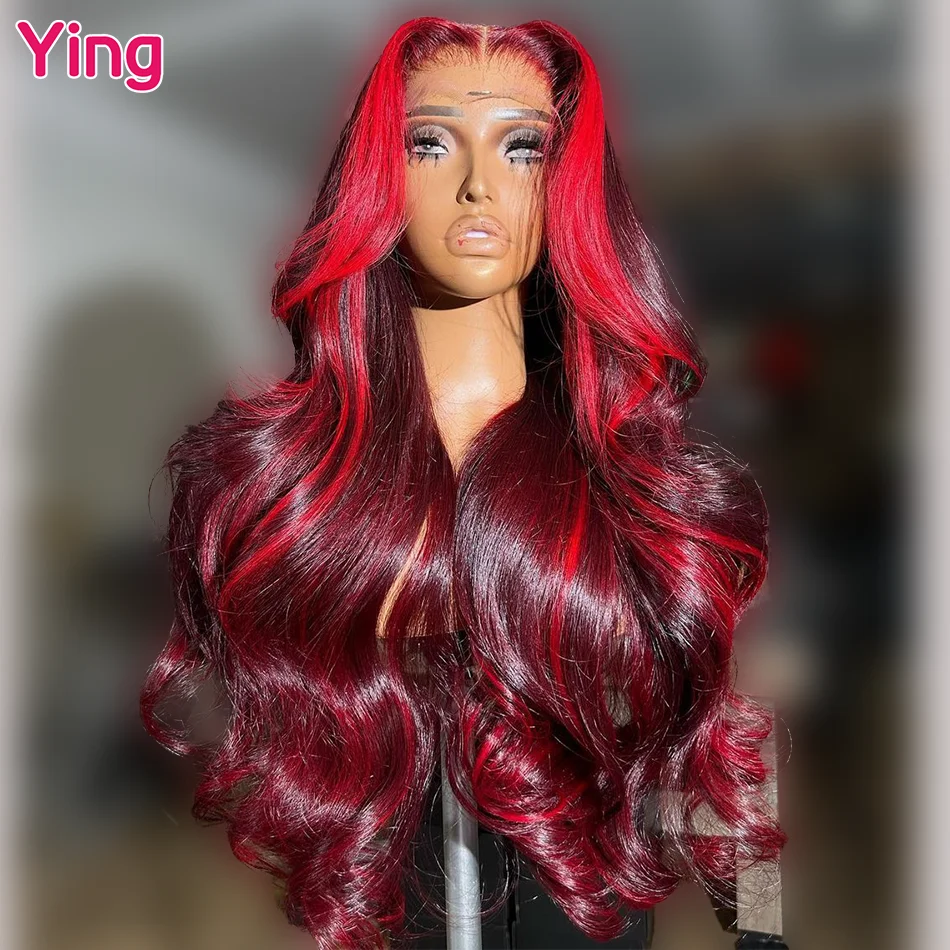 

Ying Hair Highlight Cherry Red PrePlucked With Baby Hair 13x6 Transparent Lace Front Wig 180% Body Wave 13x4 Lace Front Wig