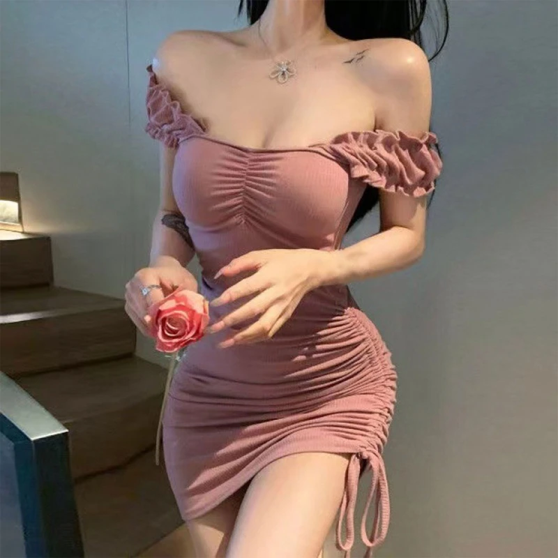 

Women Puff Short Sleeve Sqaure Neck Bodycon Mini Dress Sexy Off Shoulder Ribbed Knit Side Ruched Drawstring Clubwear