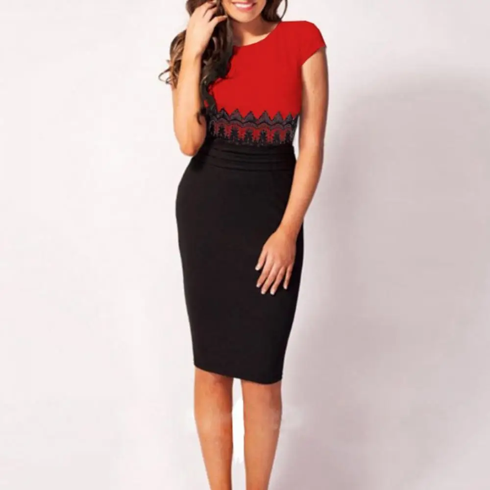 

Sexy Short Sleeve Women Dress Lace Patchwork Dress Color Block Knee-length Bodycon Dress