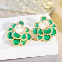 threegraces luxury green enamel big statement stud earrings for women gold color fashion cz wedding party costume jewelry er945
