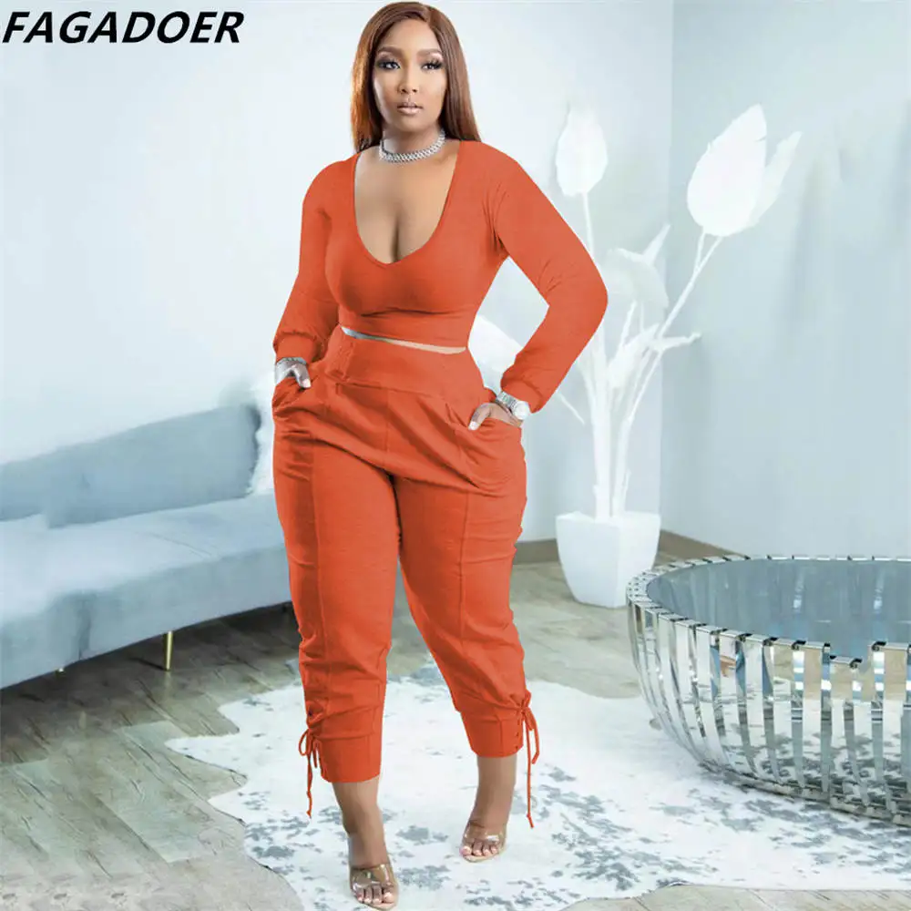 

FAGADOER Fall Winter Casual Two Piece Sets Women Round Neck Long Sleeve Crop Top And Jogger Pants Tracksuits Female 2pcs Outfits