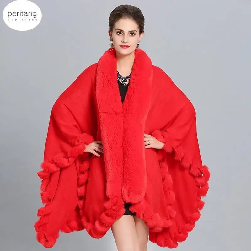 

EuropeStyle Fashion Double Fox Fur Coat Cape Hooded Knit Cashmere Cloak Cardigan Outwear Women Winter New Shawl 1.1kg