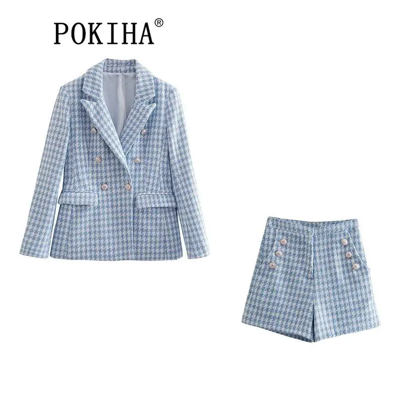 

Pokiha Women Fashion Houndstooth Double Breasted Tweed Blazer Coat Vintage Long Sleeve Flap Pocket Female Outerwear Chic Veste