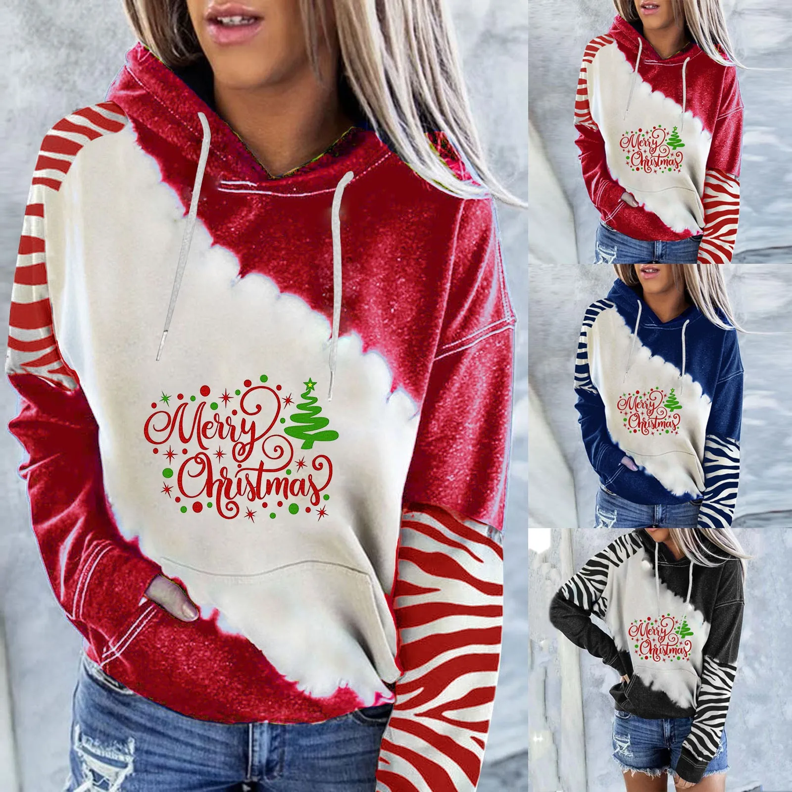 

Women'S Christmas Printed Color Block Hooded Long Sleeve Pullover Casual Sweatshirt Top Women'S Womens Winter Hoodies