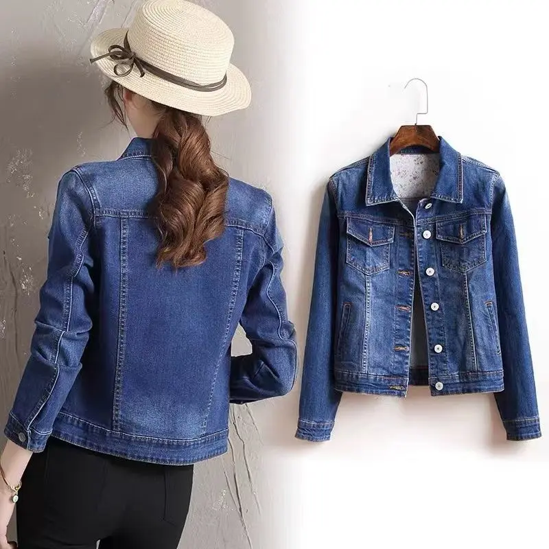 

Woman Single Button Vintage Jacket Oversize Denim Jackets Female Blue Jeans Coat Turn-down Collar Outerwear Bomber Jacket G68