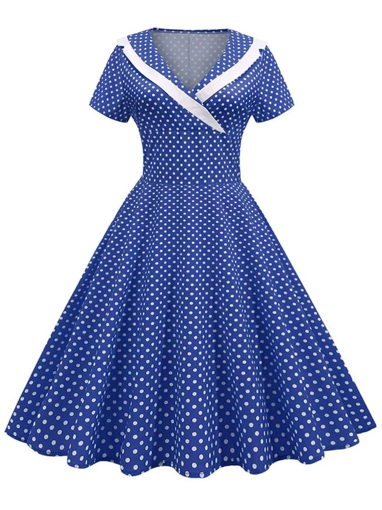 

Женское винтажное платье средней длины, элегантное праздничное повседневное платье в горошек с коротким рукавом и V-образным вырезом, лето ...