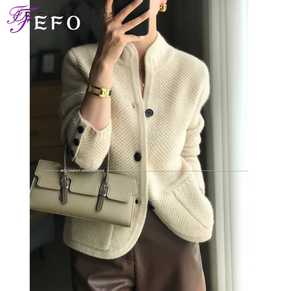 Knitted Cardigan Autumn Winter Thickened Cashmere Cardigan Women Stand Neck Sweater Knit Sweaters Jacket Cardigan Feminino Tops