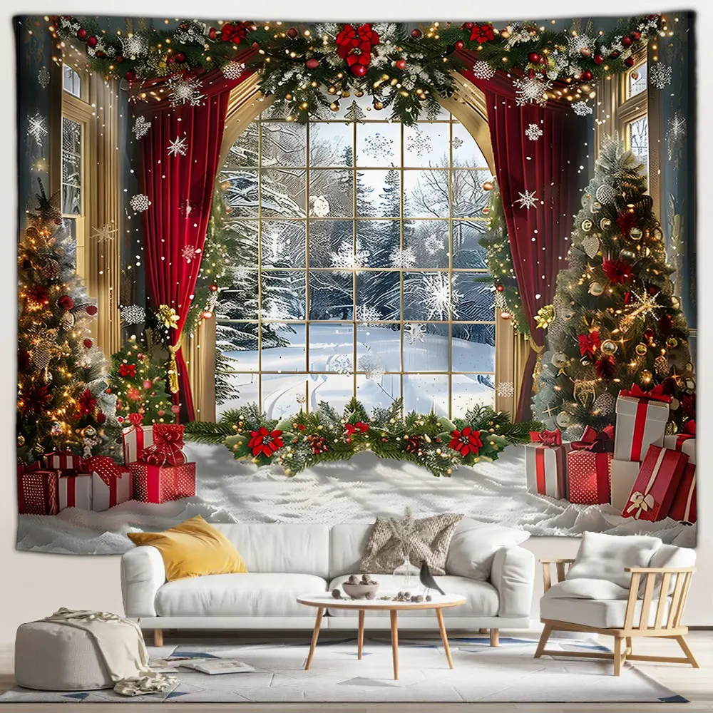 Рождественский гобелен красная занавеска рождественские елки наружное окно