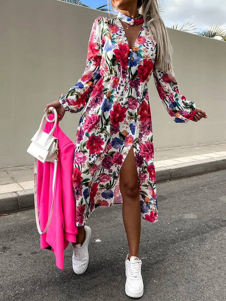 

Женское элегантное платье в стиле пэчворк с V-образным вырезом, женское облегающее платье с разрезом, длинным рукавом и принтом, летнее Привлекательное платье в стиле ретро с вырезами