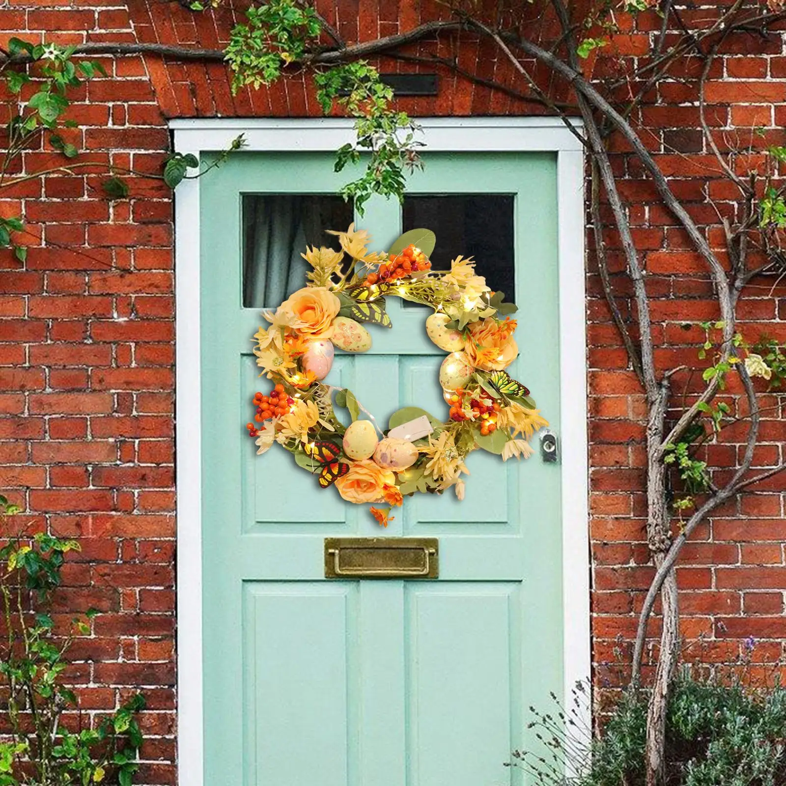 

Lighted Easter Wreath Front Door Wreath Decor 12inch with LED Lights Greenery Leaves Flowers Wreaths for Backdrop Outside Spring