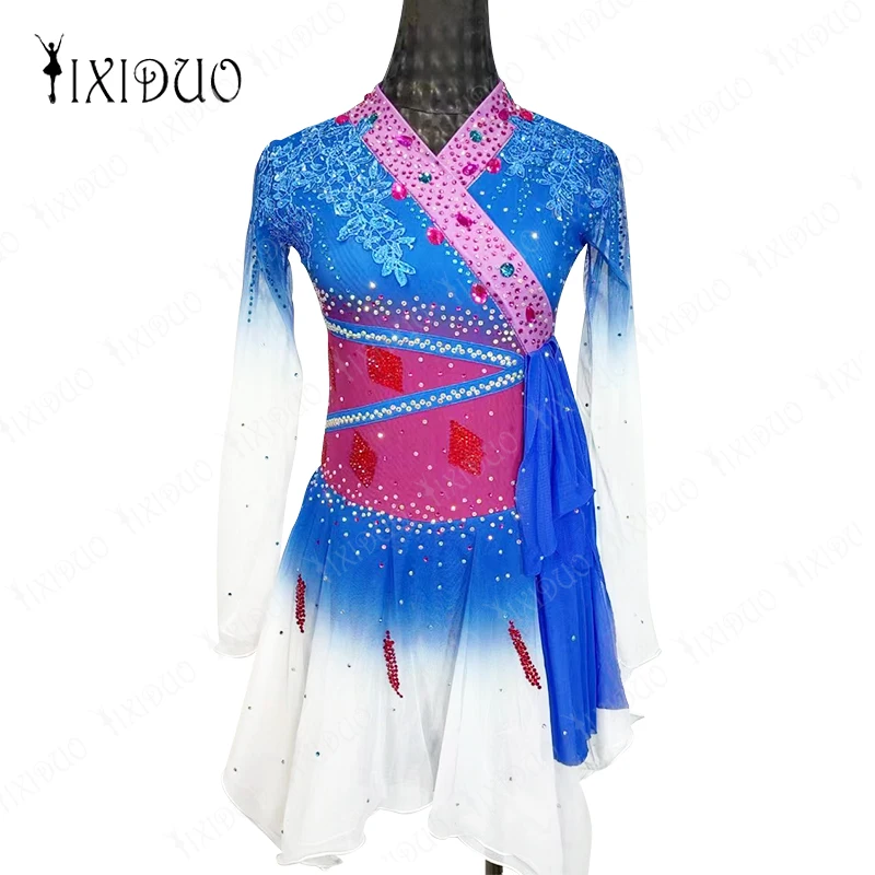 

Женское танцевальное платье с длинным рукавом, голубое и розовое Сетчатое гимнастическое трико, платье для фигурного катания, Костюм Балерины для выступления на сцене