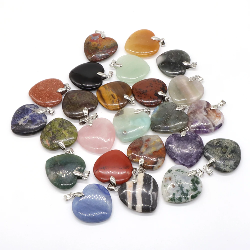 

30MM Natural Stone Crystal Heart Shape Pendants Amethysts Quartz Rose Charms Accessories For Diy Jewelry Making Palm Worry Gem
