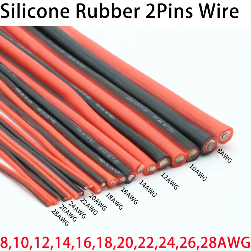 

1 Meter Black Red 8 10 12 14 16 18 20 22 24 26 28 AWG 2Pins Soft Silicone Rubber Copper Electric Wire Lamp Light Connector Cable