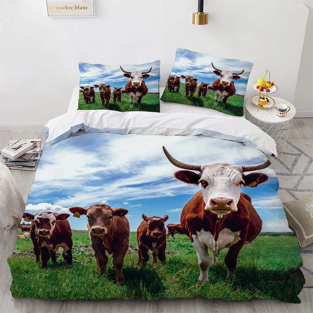 Cow Herd Pattern King Queen Bedding Set Highland Bull Farm Animal Duvet Cover Dairy Cattle Comforter Cover Polyester Quilt Cover