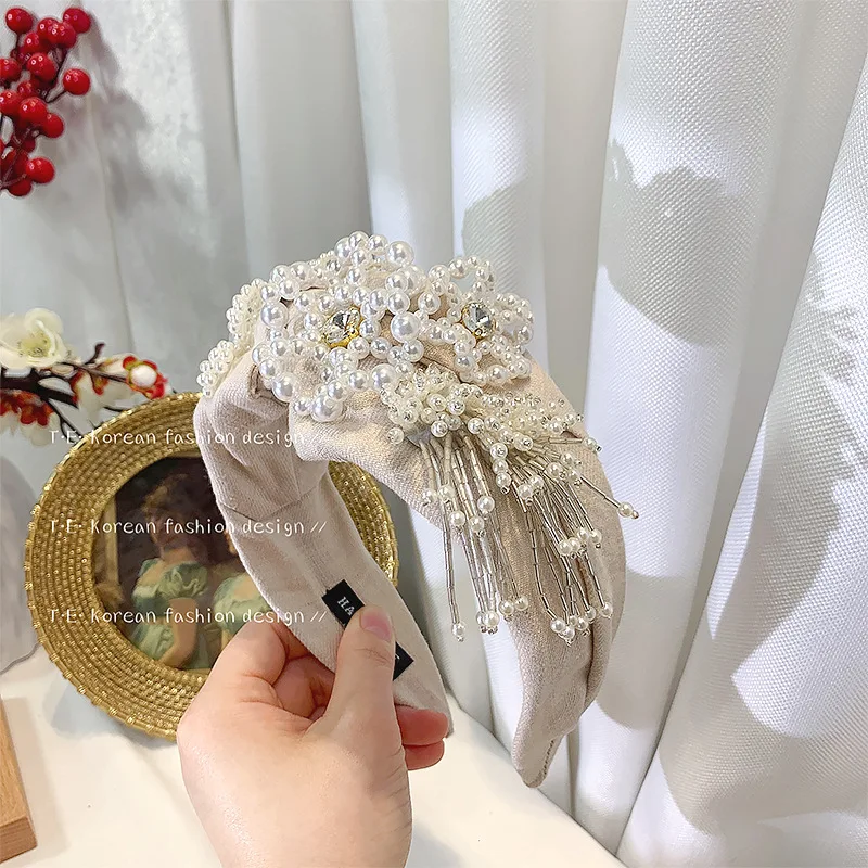 

Handmade Weaving Pearl Flower Hairband European Beading Fringe Tassel Wide Hairbands Elegant Party Show Women Pearl Headpiece