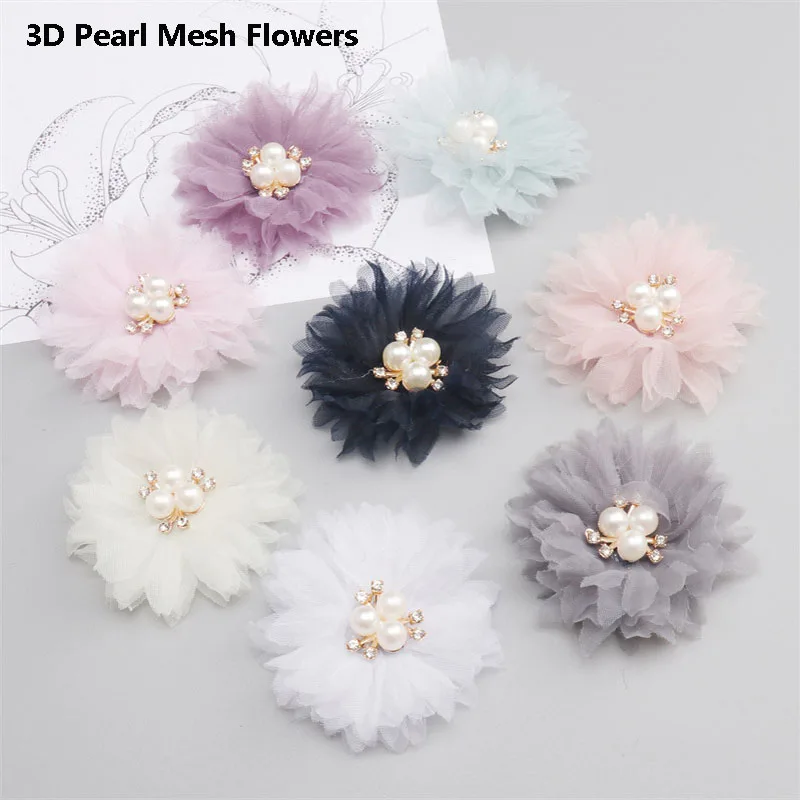 

Fashion 3D Pearl Flower Mesh patches Sew on DIY sewing applique cloth wedding dress Hairpin headdress decor 3PCS Round 6.5cm