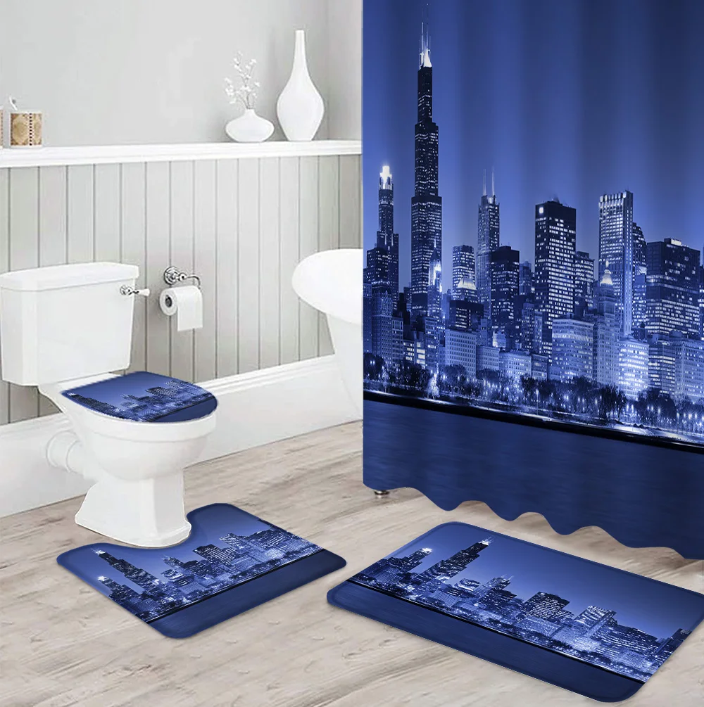 

Комплект занавесок для душа Chicago Nightscape, ковер, крышка для унитаза, коврик для ванной комнаты, домашний