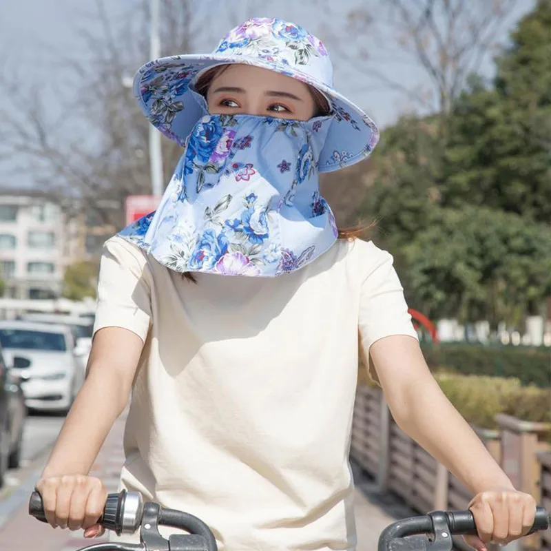 

Summer Women Wide Brim Sun Hat Cool Floral Face Neck Cover Anti Ultraviolet Protective Caps Female Cycling Ear Flap Sunhat