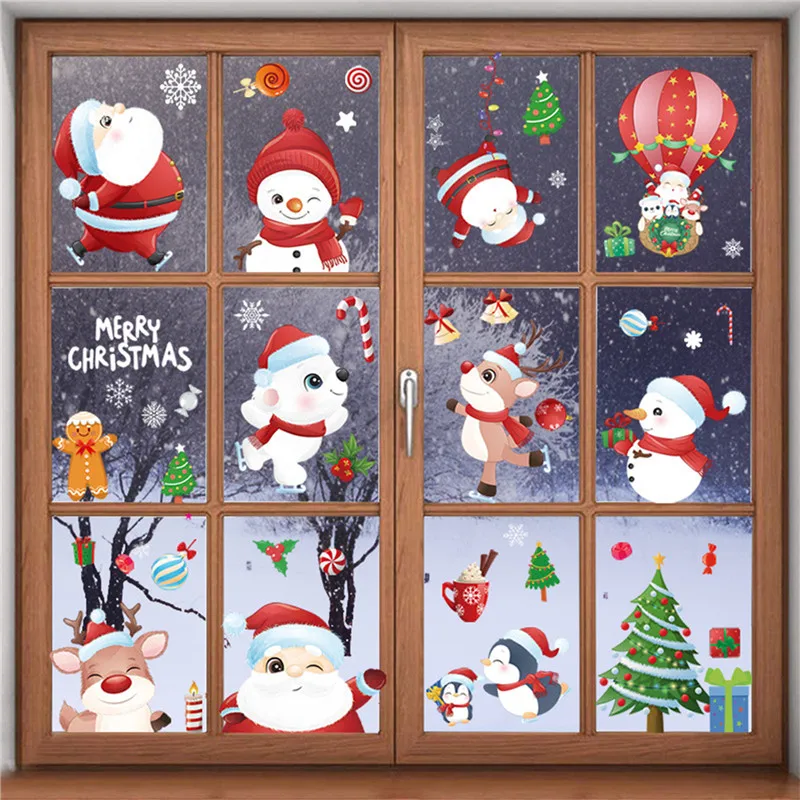 

145pcs/set 2021 New Cartoon Christmas Decorations Window Sticker Snowflake Xmas Wall Sticker 2022 New Year Sticker