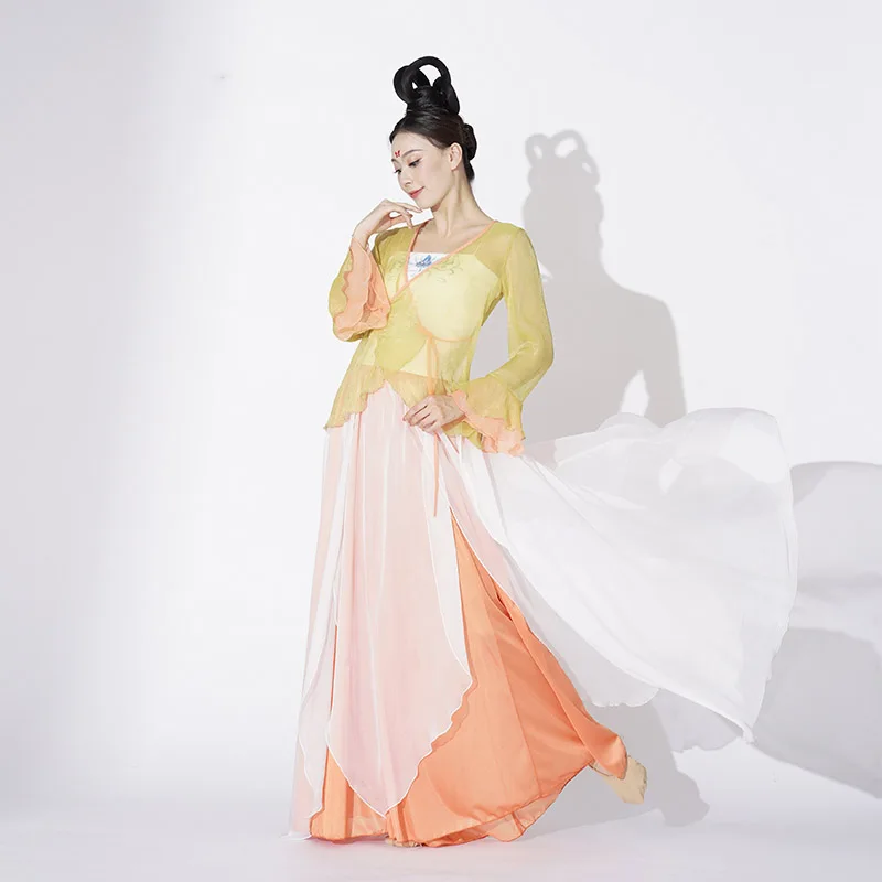 

Classical Dance Dance Dress Female Body Rhyme Flowing Gauze Dress Trumpet Sleeve Top Chinese Dance Double Skirt Full Skirt