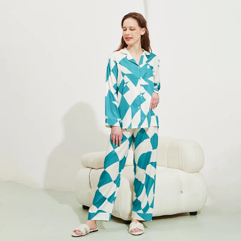 Elegant Patterns Women Silk Pajamas Set Autumn Winter Women Outfits Sleepwear Homewear Set Long Sleeves Nightwear
