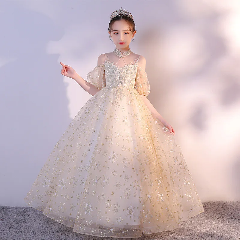 Girl Luxury Party Champagne Formal Dress Kids Embroidery Tulle Ball Gowns Child Elegant Evening Prom Clothes Stage Show Costumes