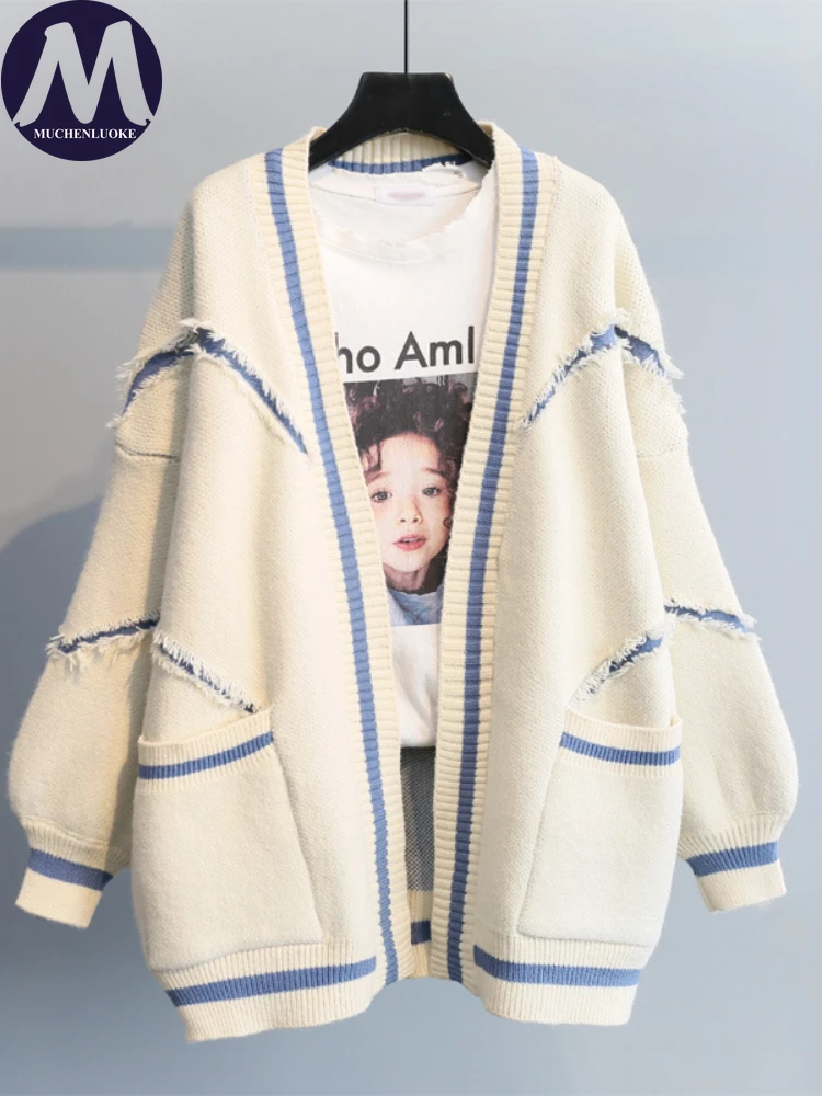 

Ladies Sweater Autumn Winter Letter V-neck Mid Length Knit Sweaters Coats Korean Fashion Casual Loose Women's Clothing Cardigan