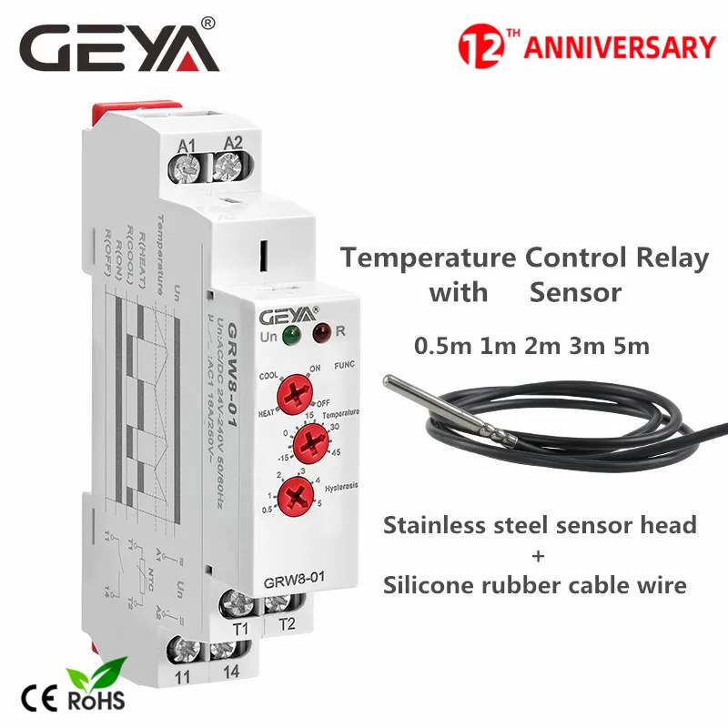 

Реле контроля температуры GEYA GRW8-01/02 Din rail, реле переменного/постоянного тока 24-240 В, широкий диапазон напряжения с NTC водонепроницаемым датчик...