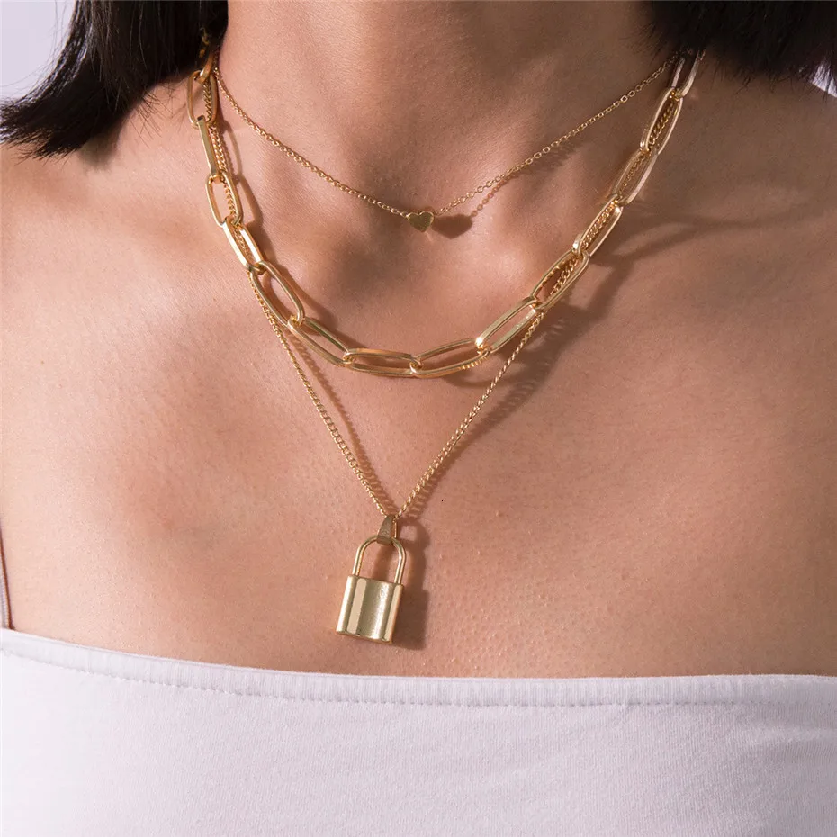 

Multi Layer Lover Lock Pendant Choker Necklace Steampunk Padlock Heart Chain Necklace Couple Jewelry Gift Necklaces for Women