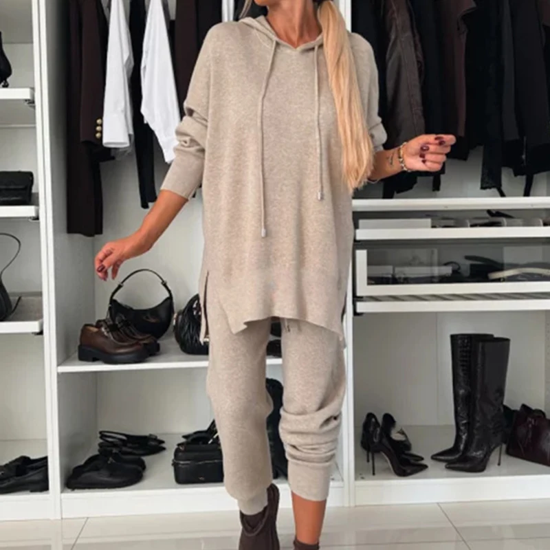 Autumn Winter Women's Hooded Top 2 Piece Set Casual Solid Loose Sports Pants Suit New 2024 Fashion Commuting Sweatshirt Outfits