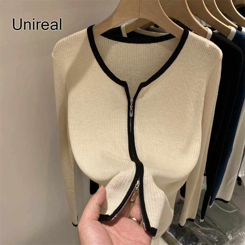 

Unireal 2022 Autumn Women Knitted Cardigan Long Sleeve Fashion Girls Zip Up Sweater Outwear Coats