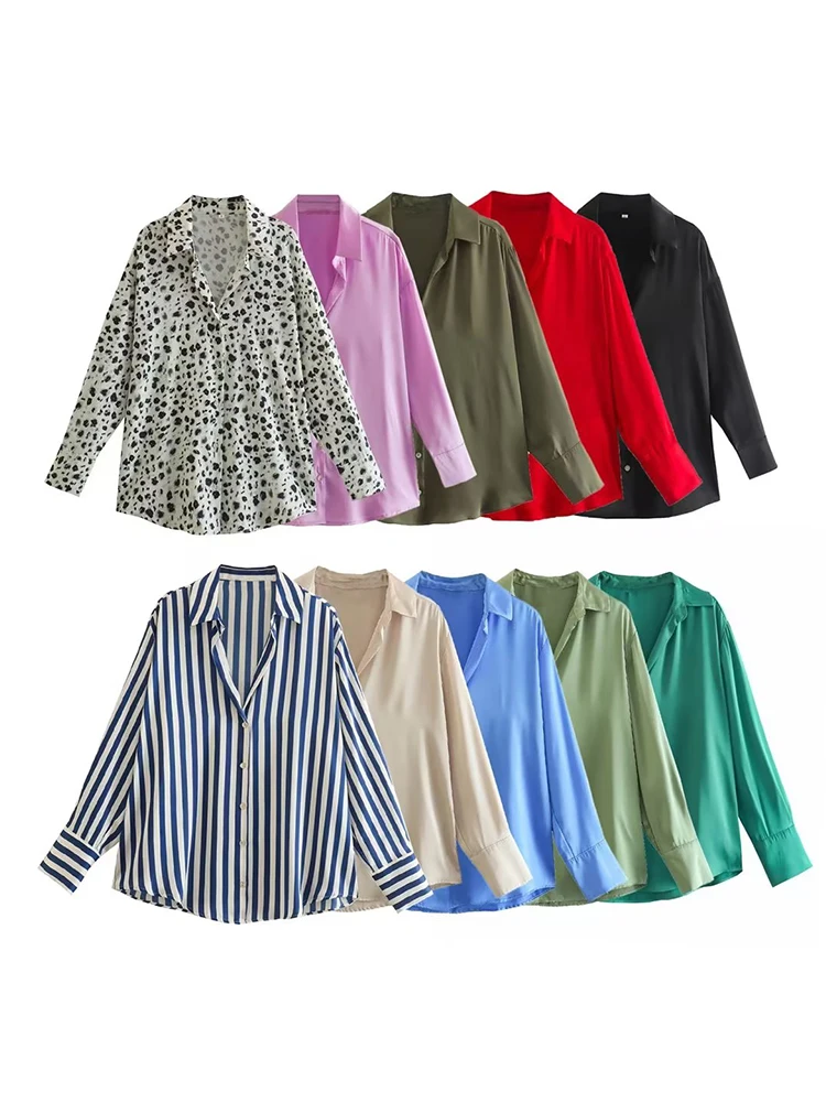 

Женские атласные свободные рубашки 10 цветов, повседневные топы с длинным рукавом и отложным воротником, блузки