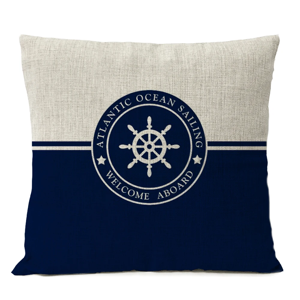 

Home Decorative Navigation Blue Compass Anchor Pillow Cover Nautical Shell Fish Linen Pillow Case Mediterranean Cushion Cover