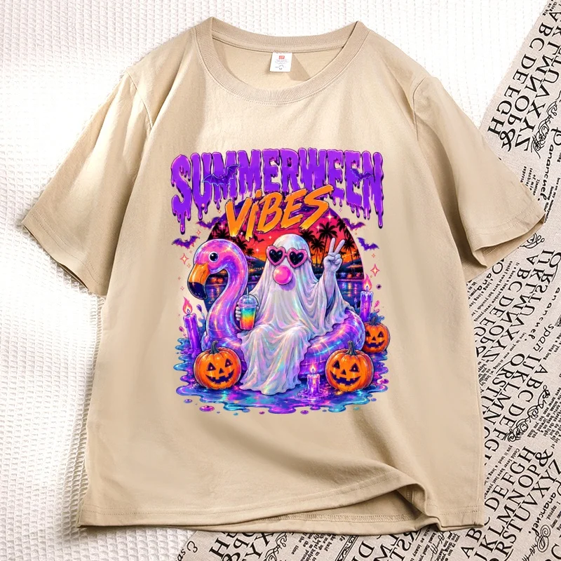 Фото Футболки с принтом Spooky Pool Float Blowing Bubble Gum, модные осенние футболки с цветочным принтом, повседневные футболки с круглым вырезом и принтом на Хэллоуин №1