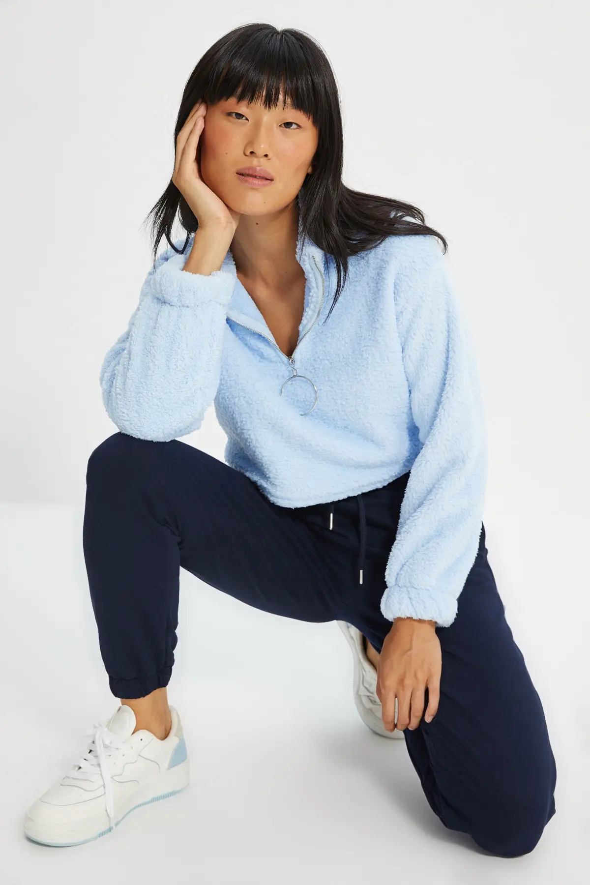 

Light Blue Zipper Fleece Crop Knitted Sweatshirt Christmas gift