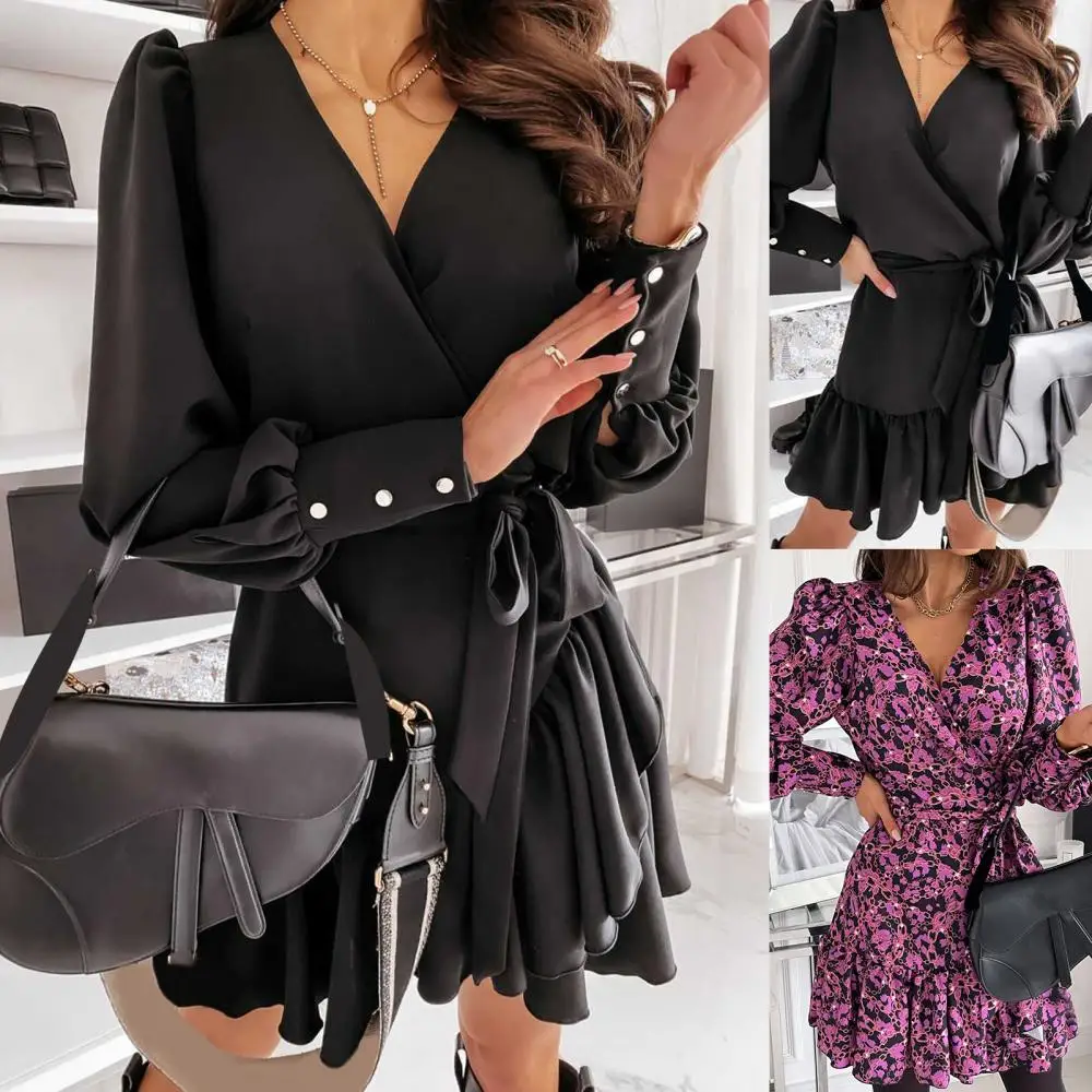 

traf Women Long Puff Sleeve Solid Color/Print Ruffle Hem Belt Party Mini A-line Dress y2k