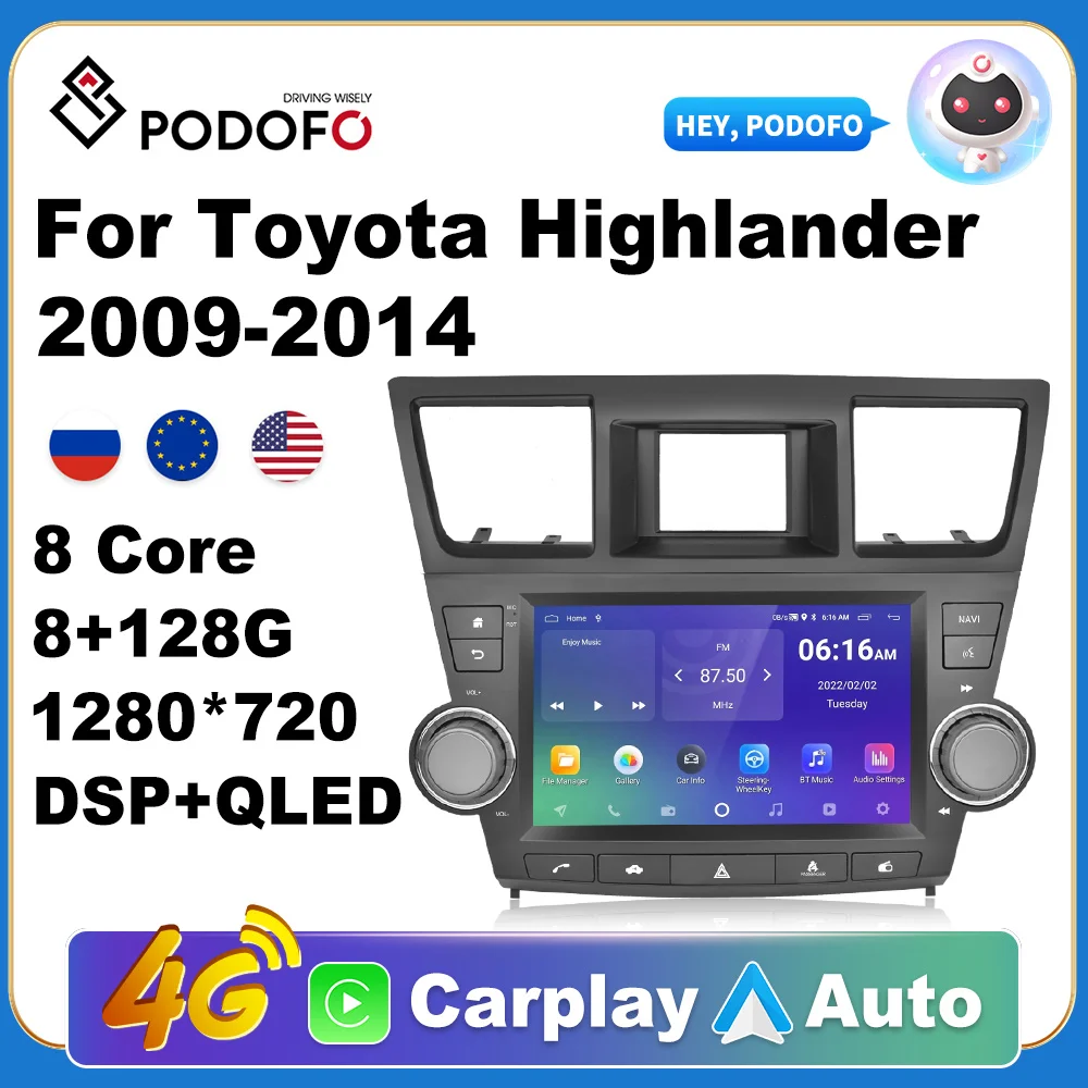 

Podofo автомобильный Android CarPlay Радио мультимедийный плеер для Toyota Highlander 2009-2014 Din Авторадио Видео AI голосовой GPS Navi 4G