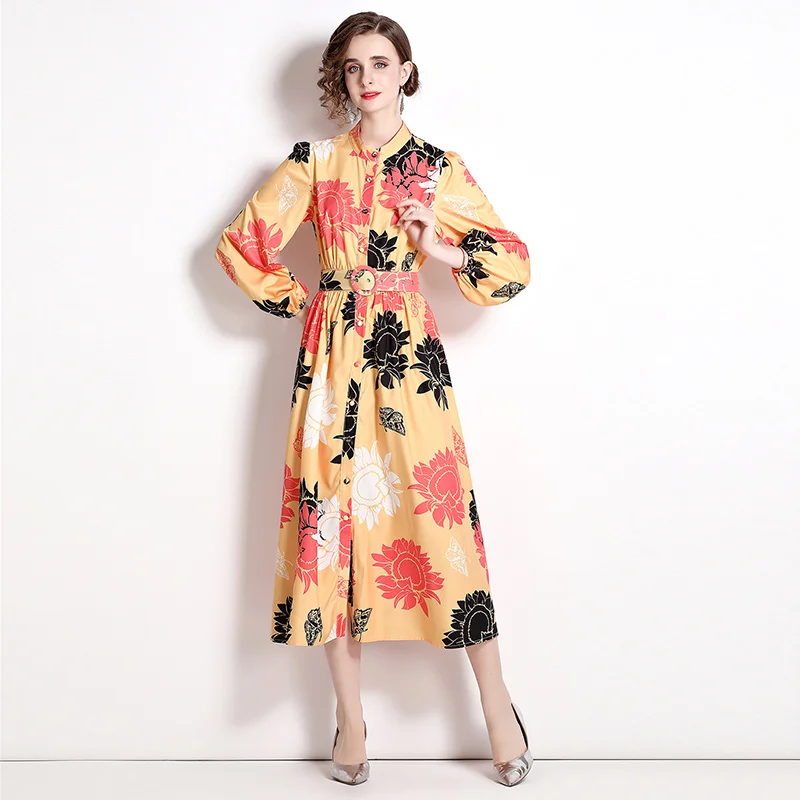 

SuperAen 2022 Summer Retro Printing Lantern Sleeve Full STAND A-LINE Casual Mid-Calf Dresses Women