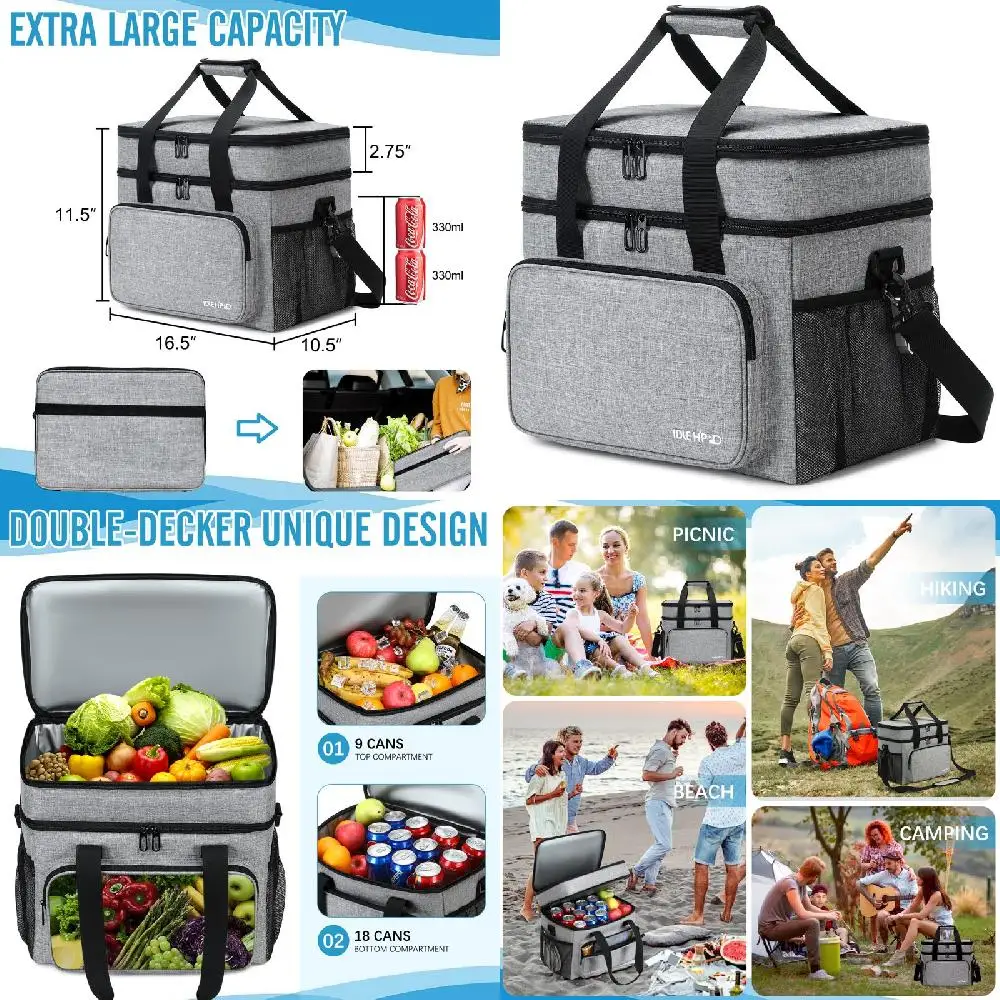 

Gorgeous Double Decker Insulated Gray Soft Sided Camping Coolers, Perfect 60-Can Capacity for Your Outdoor Adventures!