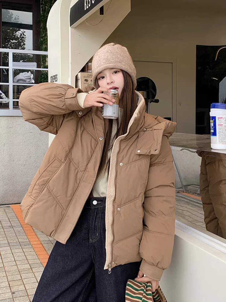 Coffee Color Stand Collar Hood Cotton-padded jacket Outerwear Women Winter 2024 New Thickened Loose down Coat Mid-Length Cott...