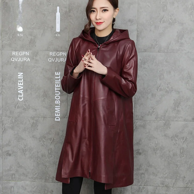 

2023Leather jacket,Genuine Leather Jacket Women Sheepskin Jacket Coat Spring Loose Casual Wine Red Mid-Length Hooded Long Sleeve