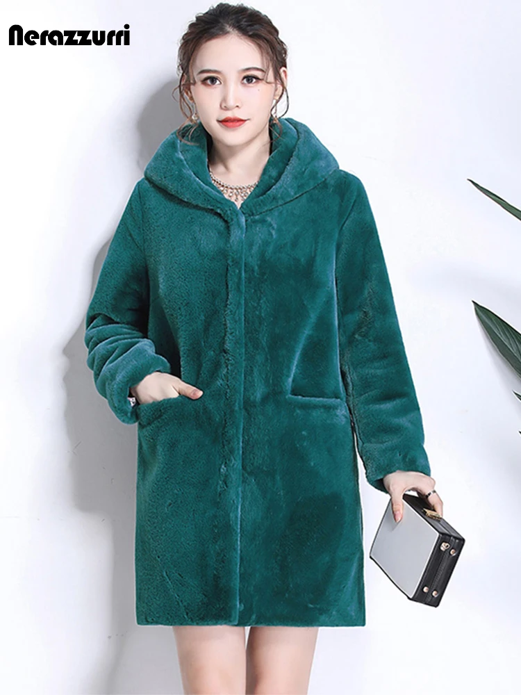 Nerazzurri Winter Women Faux Fur Coat with Hood Long Sleeve Red Black Warm Soft Plush Fluffy Jacket Casual Korean Style Fashion