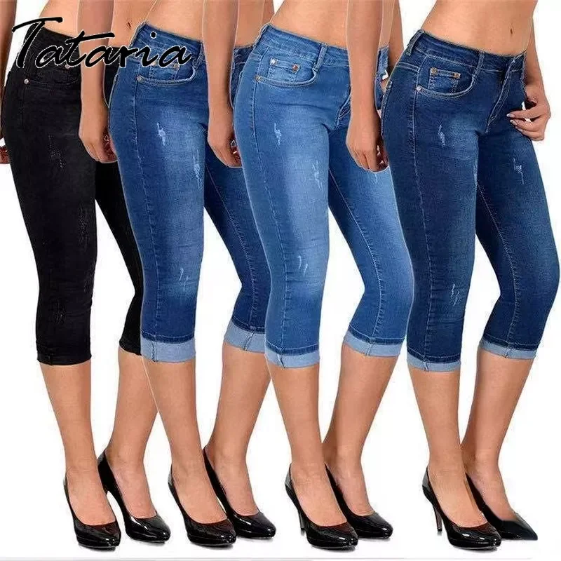 

Skinny Denim Pants Women 2022summer Jeans Mid Waist Stretch Capri Pants Knee Length Trousers Black Ladies Eleangt Pencil Pants