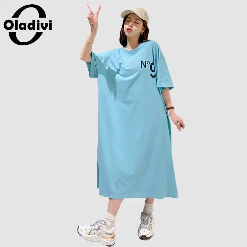 

Oladivi Oversized Clothing Fashion Letter Print Comfortable Cotton Dress Women Summer 2021 Long Shirt Dresses Tunic Robe Femme