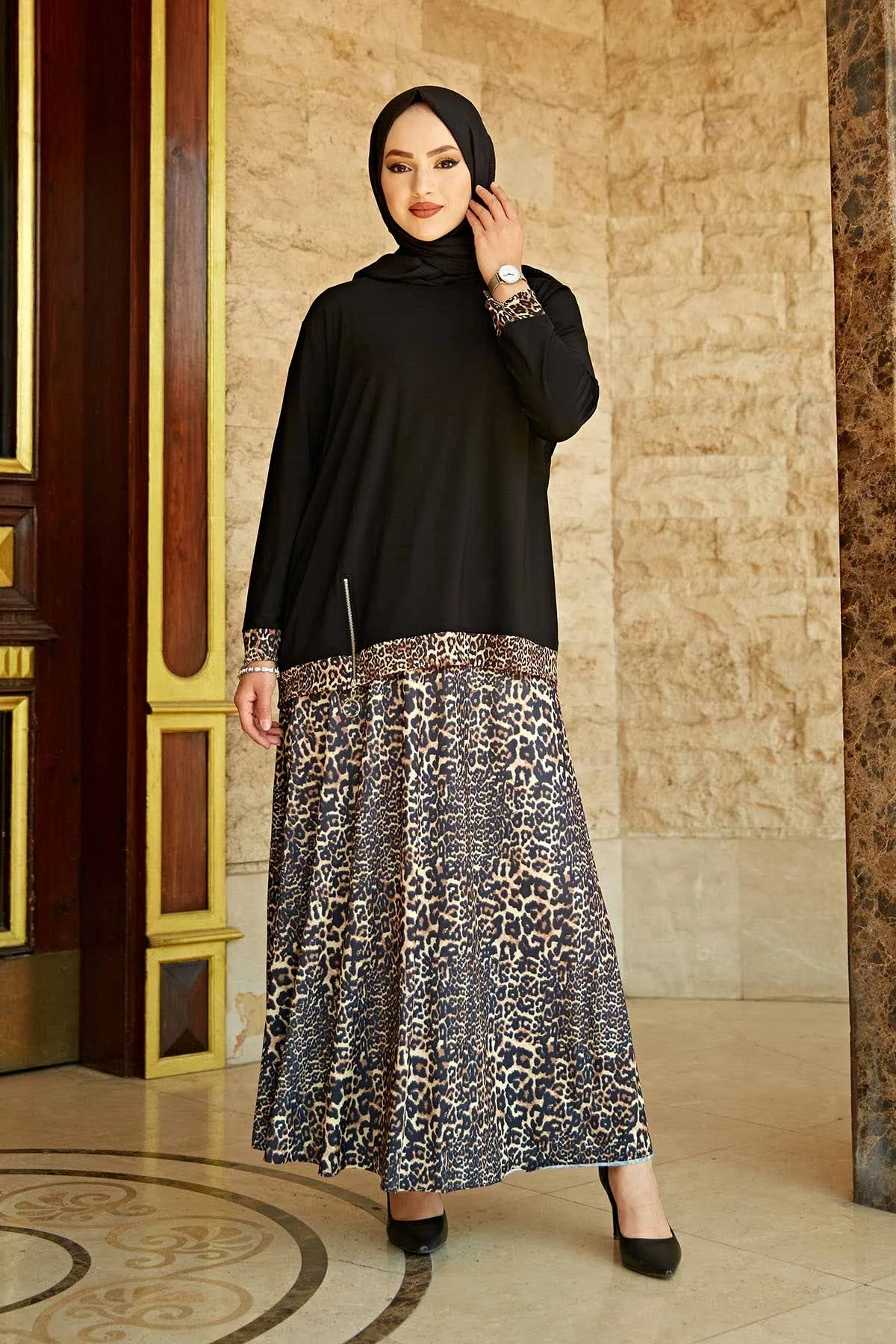 Zipper Detail Sandy Skirted Suit EML-Leopard Mink Winter Autumn 2021 Muslim Women Hijab headscarf Islamic Turkey