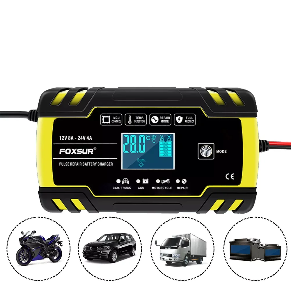 

FOXSUR 12V 24V 8A Pulse Repair Charger with LCD Display for AGM GEL WET Lead Acid Motorcycle Automatic Car Battery Charger
