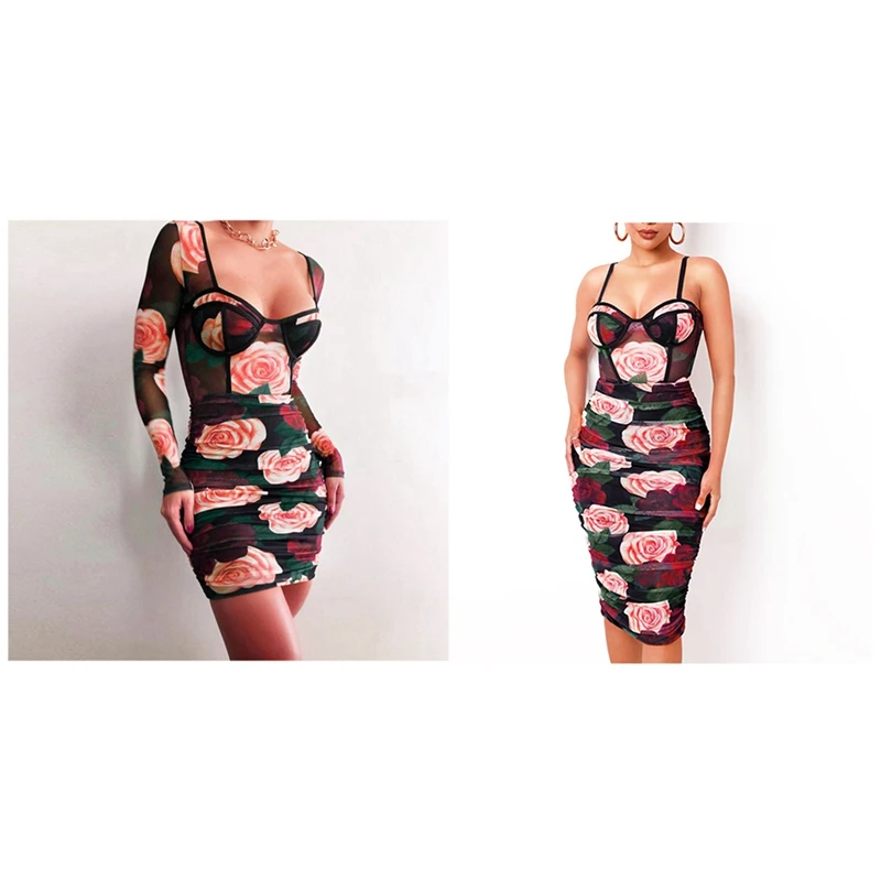 

Long Sleeve Square Collar Floral Print Mesh Dress L With Sleeveless Dress Women Fashion Sexy Party Club Clothes M