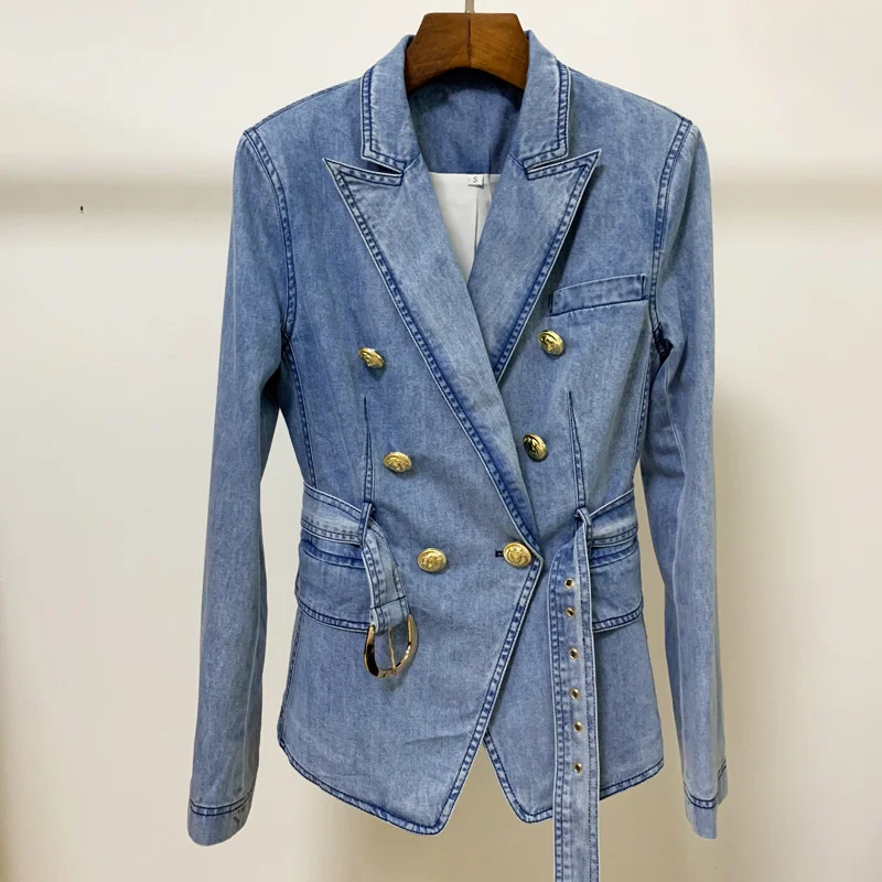 Autumn Denim Jacket Blazer Women Double Breasted Lion Buttons with Belt Office Business Women's Blazers High Quality Jackets